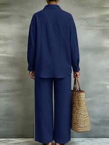 Linhara CURVE Plus-Size Women's Woven Casual Commuting Autumn Two Pieces Set Fall - Blue - View 2