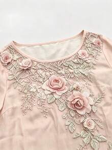 Breezaya Women's Round Neck Floral Pattern Casual Romantic Elegant Versatile Daily Wear Long Sleeve Top Date Rose Pink Autumn - Pink - View 6