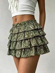 Rina Fox Falda de estilo pastel con estampado integral y volantes abullonados en el bajo para mujer, primavera/verano - Verde - Ver 3