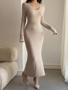 DAZY Solid Color Fitted Long Sleeve Dress, Bodycon Sexy Elegant Vacation Spring Autumn Women's Sweater Dress - Apricot - View 2