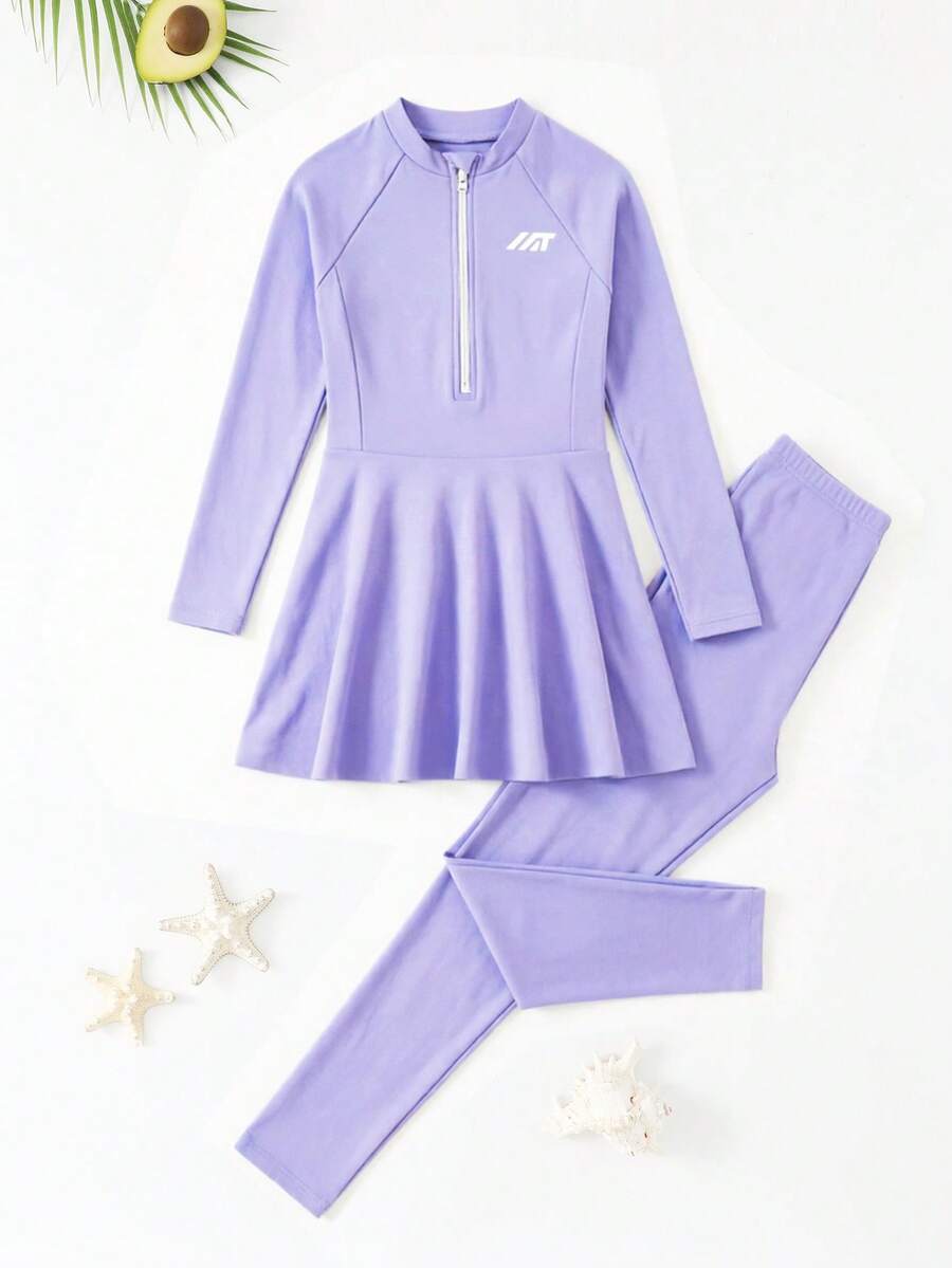SHEIN 青少年女孩分體式比基尼泳衣套裝 (大號) 吊帶式保守款 紫色針織布料 長袖長褲 拉鍊裙 兩件式 時尚休閒優雅奢華女士款 適合游泳 夏日度假 海灘 海邊 泳池 泳池派對 休閒度假 - 淡紫色 - 查看 1