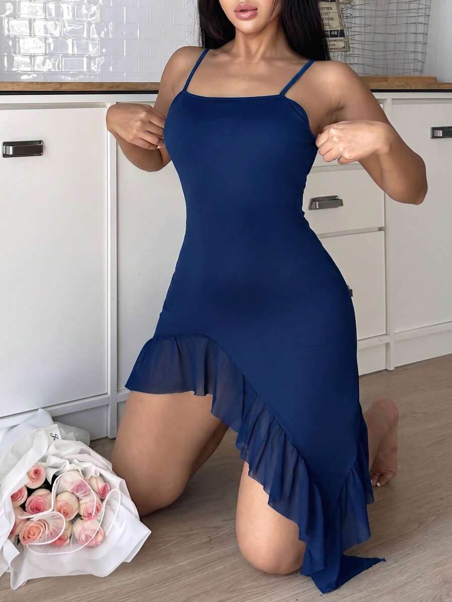 DUSKBASE Camisón sexy para mujer con ribete de volantes románticos - azul real - Ver 1