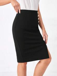 SHEIN LUNE High Waist Button Detail Slit Skirt - Black - View 6