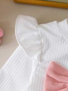 Souflis Souflis 嬰兒 (6M-3Y) 可愛羅紋長袖 T 恤與燈芯絨裙 2 件套，適合秋冬/春季 - 甜美荷葉邊肩部、大號粉色蝴蝶結裝飾、A 字迷你裙 - 舒適休閒日常穿著套裝。非常適合派對、生日、假期、拍照 - 白色 - 查看 6