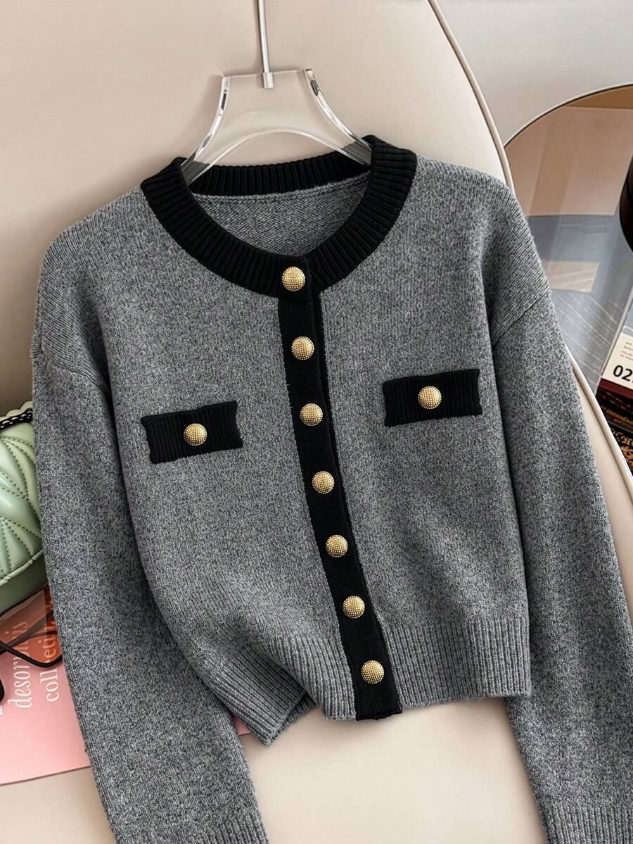 GlowEve CURVE Plus Size Women's Long Sleeve Gold Button Contrast Trim Knit Cardigan - Grey - View 1