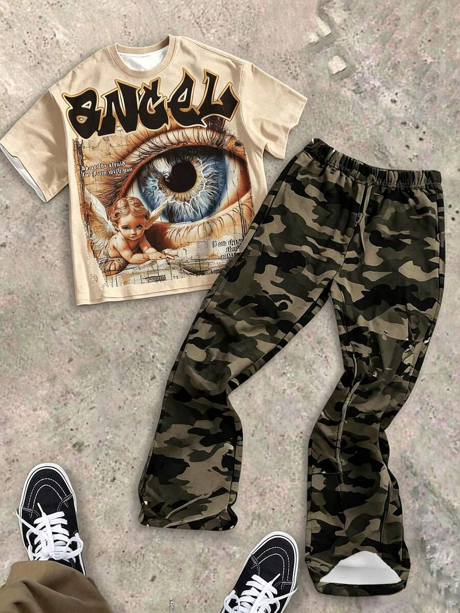 Kids Tween Boy Crew Neck T-Shirt And Flare Pants Casual 2-Piece Set, Suitable For Summer, Classic Cool Street Graphic Print, Y2K Pattern - Multicolor - View 1