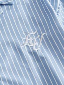 SWAVVY Camisa 2 en 1 para hombre con bordado, versátil, de un solo pecho, a rayas y con contraste de color - Azul - Ver 4