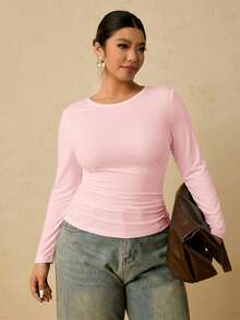 Freevana Plus Size Women's Black Long Sleeve Crew Neck Thermal Base Layer, Ruched Waist T-Shirt - Pink - View 5
