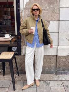 Struktiv Solid Color Khaki Stand Collar Short Jacket For Women, Woven Fabric Front Metal Button Closure Elastic Hem Casual Commute Outerwear - Khaki - View 2