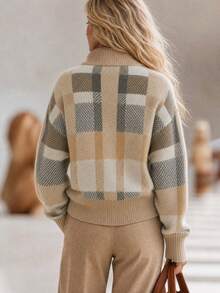 Balvessa Cardigan Rajut Jacquard Kotak-kotak Vintage dengan Resleting untuk Wanita, Kerah Setengah Tinggi, Panjang Sedang, Sweater Musim Gugur/Musim Dingin - MultiWarna - View 2