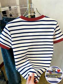 SHEIN Playful Pals 2026春夏新款女童时尚休闲舒适度假条纹领口和袖口撞色设计，仿刺绣爱心狗条纹印花短袖圆领T恤，适合夏季穿着 - 彩色 - 查看 2