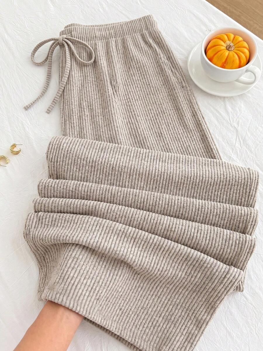 Solflare New Comfortable Soft Elastic Waist Tie-Up Brushed Ribbed Warm Apricot Loose Long Plus Size Pants For Home And Daily Wear - Apricot - View 1