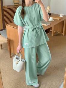 SHEIN Teen Girls 2pcs Set:Loose Raglan Sleeve Tie-Waist Letter Print Shirt + Wide Leg Pants,Summer,Casual,Family Matching For Spring Vacation Daily Wear - Mint Green - View 5