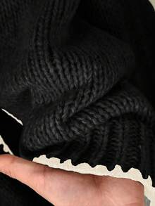 CosyJoli Plus Size Casual Sweater With Tie Bow Contrast Trim Cardigan In Fall/Winter - Black - View 6