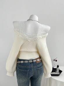 Elamini Sweater Crop Wanita Elegan Romantis dengan Patchwork Renda dan Bahu Terbuka, Cocok untuk Kencan Sehari-hari, Warna Krem Putih, dan Musim Gugur. - Aprikot - View 2
