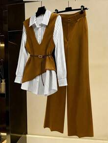 SHEIN Franclia 女款套裝 寬腿分層V領背心 條紋襯衫 不規則下擺 腰帶 優雅商務休閒風 現代棕色白色條紋 感恩節穿搭 - 黃色 - 查看 7