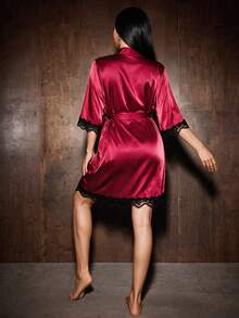 Silforma Ladies' Lace Splice Half Sleeve Sleepwear Robe Luxe Loungewear, Fall, Winter - Burgundy - View 2
