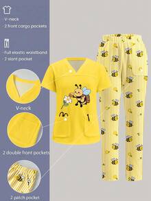 TaskEZ Conjunto de Uniforme de Fregado con Estampado de Abejas en Todo el Body, Adecuado para el Trabajo, el Transporte y el Hospital de Mascotas - Multicolor - Ver 1