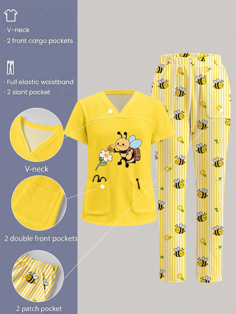 TaskEZ Conjunto de Uniforme de Fregado con Estampado de Abejas en Todo el Body, Adecuado para el Trabajo, el Transporte y el Hospital de Mascotas - Multicolor - Ver 1