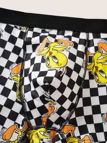 LOONEY TUNES X SHEIN 经典棋盘格黄色小鸟卡通印花男士三角裤，亲肤平角内裤 - 黑與白 - 查看 4