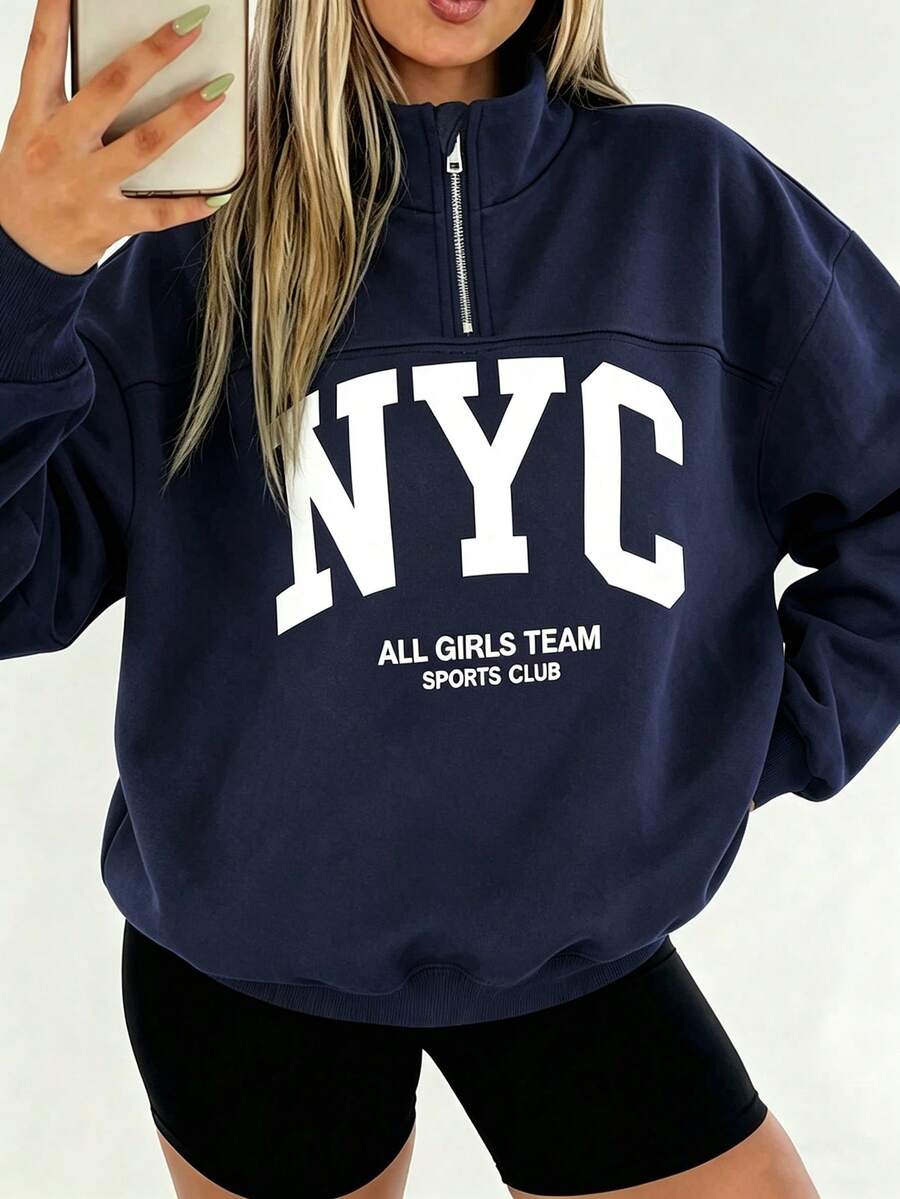 SHEIN 1件青少年女孩拉鍊半開式寬鬆落肩抓絨衛衣,大字母圖案印花,羅紋袖口與下擺,秋冬時尚休閒上衣 - 藏蓝色 - 查看 1