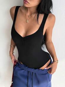 SHEIN Dewbera Bộ jumpsuit thể thao gân cổ chữ U hở lưng, ôm sát định hình cho yoga và fitness - màu đen - Xem 4
