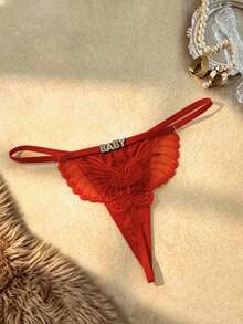 Bare Chapter 1pc Milk Silk Sequins Letter & Sequin Butterfly Embroidered Thong - Red - View 3