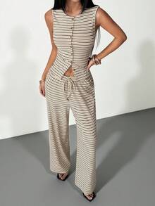 SHEIN PETITE 2件組女款休閒米色前扣長袖上衣與寬腿長褲套裝，夏季兩件式套裝，小碼居家度假旅行穿搭 - 彩色 - 查看 8