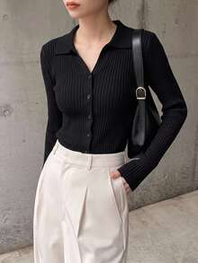 DAZY Women's Slim Fit Long Sleeve Single-Breasted Knit Cardigan - Black - View 3