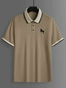 Calvornis 男士珠飾羅紋領刺繡短袖休閒 Polo 衫 - 卡其色 - 查看 4