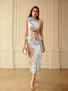 ZEYLAH Women's Asymmetric Neck Printed Ruffle Hem Dress - Mint Blue - View 6