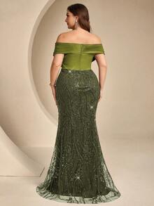 Coutiva Plus Size Sequin Patchwork Off Shoulder Formal Evening Gown - Army Green - View 2