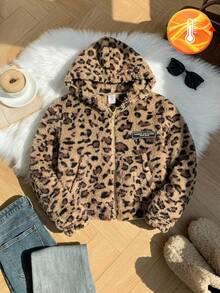 SHEIN 少女寬鬆休閒極簡舒適日常街頭風連帽修身口袋拉鍊短款長袖衛衣外套 豹紋抓絨 返校穿搭 - 彩色 - 查看 8