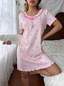 CottageSlumber Fashion All-Over Heart Print Round Neck Ruffle Short Sleeve Women's Casual Sleep Dress - Pink - View 8
