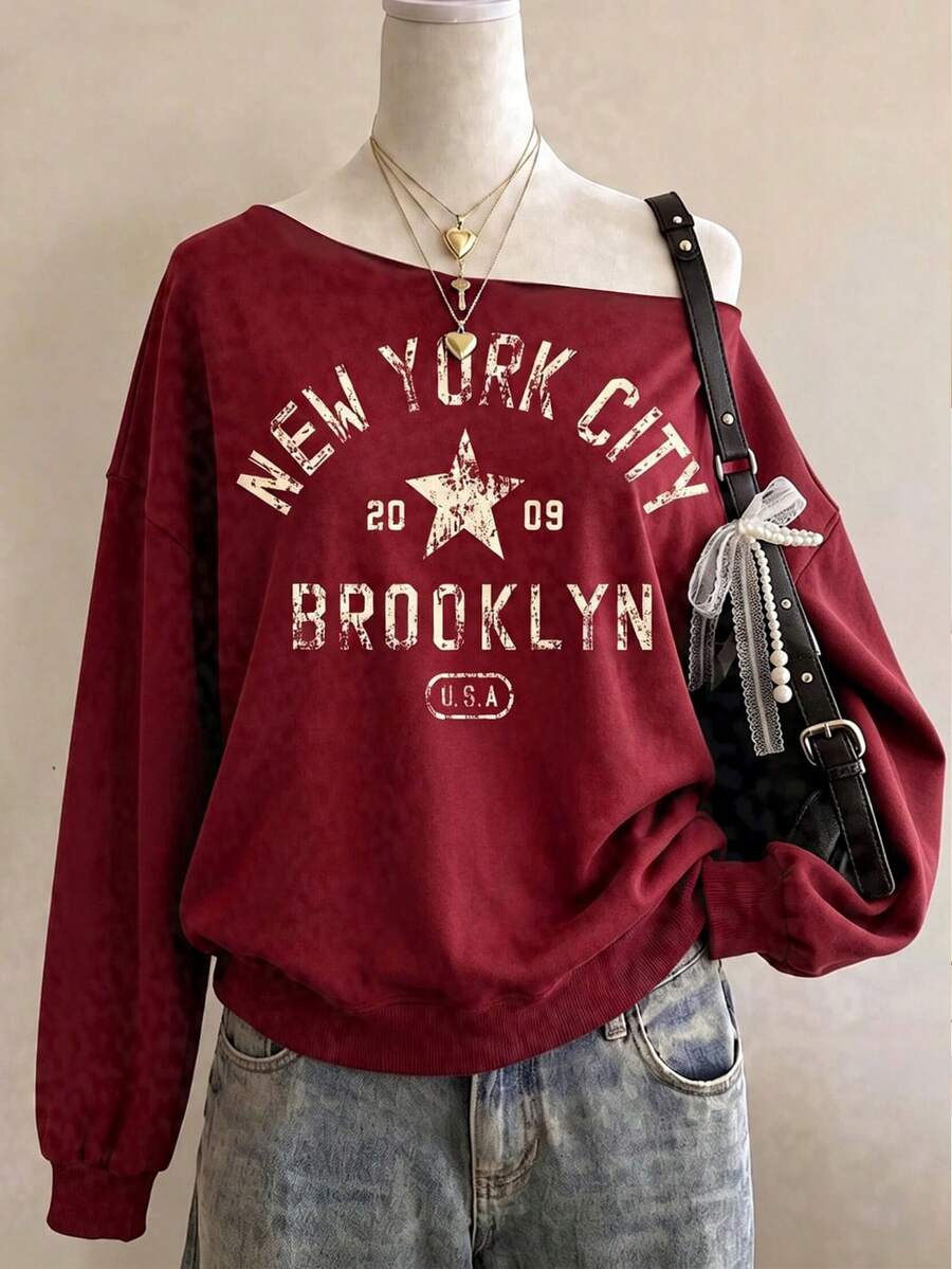 Lalippa Women's Letter & Number Print Asymmetrical Shoulder Casual Daily Long Sleeve Sweatshirt - Red - View 1