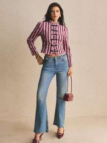 Poéselle Women's Street Fashion Striped Frog Button Long Sleeve Denim Top - Multicolor - View 6