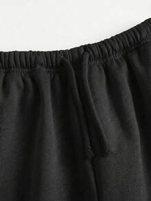 SHEIN Celana Panjang Olahraga Lurus Longgar dengan Tali Serut, Bahan Beludru Tebal, Bahan Plus untuk Musim Gugur dan Musim Dingin, Motif Bunga Abu-abu, Celana Olahraga Kasual untuk Sehari-hari - Hitam - View 5