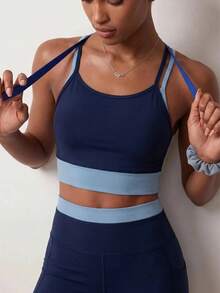 Zivah Women's Colorblock Patchwork Halter Top And Shorts Sports Set - Navy Blue - View 5