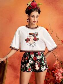 Glamance Frida Kahlo X SHEIN Portrait & Floral Print White Short Sleeve Cropped Loose Fit T-Shirt And Elastic Waist Shorts, Elegant Mature Cute Casual Sexy Outfit For Going Out, Work, Office, Daily Wear, Party, Birthday, Vacation, Middle East Travel, Beach, Swimwear, , Night Out, Bohemian, Back To School, Summer - White - View 1