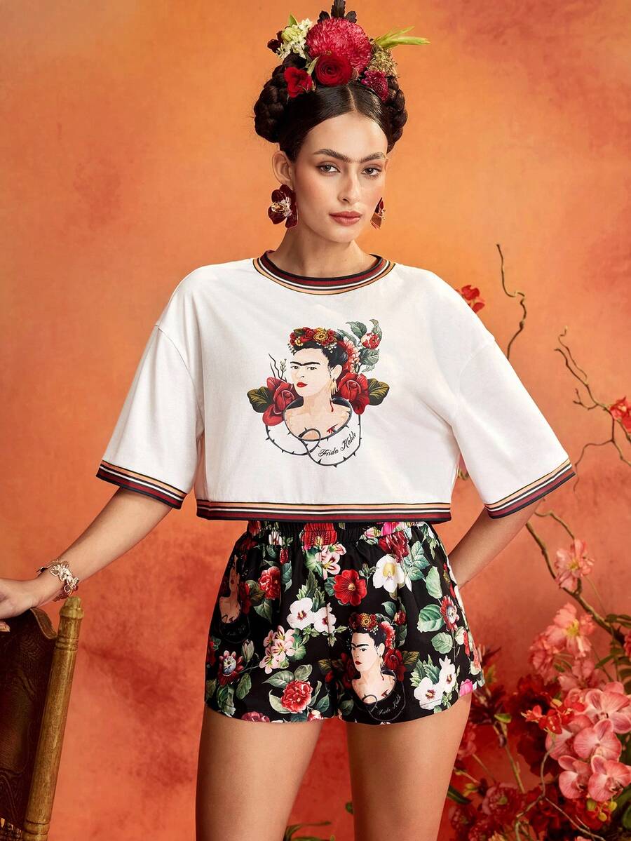 Glamance Frida Kahlo X SHEIN Portrait & Floral Print White Short Sleeve Cropped Loose Fit T-Shirt And Elastic Waist Shorts, Elegant Mature Cute Casual Sexy Outfit For Going Out, Work, Office, Daily Wear, Party, Birthday, Vacation, Middle East Travel, Beach, Swimwear, , Night Out, Bohemian, Back To School, Summer - White - View 1
