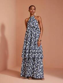 JIAN LASALA Knit Halter Neck Sleeveless Double Ruffle Layers Cold Shoulder Long Dress Elegant Tropical Jamaican Vacation Garden Party Navy Blue Floral Summer - Multicolor - View 3