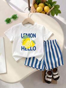 SHEIN Playful Pals 2件組男嬰夏季度假檸檬印花圓領T恤與彈性腰藍白條紋短褲可愛嬰幼兒服飾度假裝 - 彩色 - 查看 1
