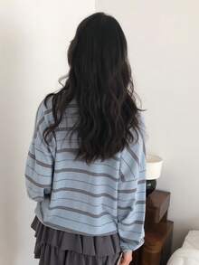 DAZY Sweater Rajut Wanita Lengan Panjang Longgar Berkerah V Motif Garis-Garis Blok Warna, Kasual untuk Liburan Musim Semi/Gugur - Biru - View 2