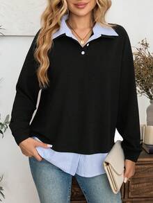 EMERY ROSE Women's 2 In 1 Patchwork Casual Preppy Versatile Daily Wear Long Sleeve Sweatshirt Blue And White Stripe Autumn Teachers' Day Office School - Black - View 1