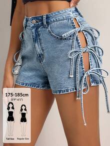 SHEIN Tall Women's Casual Versatile Denim Shorts With Pockets, Buttons And Drawstring For Daily Wear - Blue - View 1