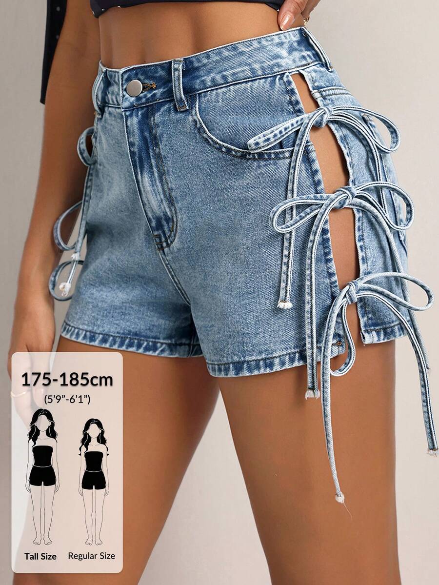 SHEIN Tall Women's Casual Versatile Denim Shorts With Pockets, Buttons And Drawstring For Daily Wear - Blue - View 1