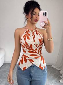 Elenzga 女款夏季優雅通勤休閒杏色葉子印花無袖掛脖領蝴蝶結領口木珠裝飾不對稱下擺腰部交叉綁帶設計修身顯瘦收腰背心 - 亮橙色 - 查看 5