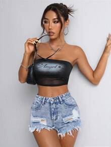 SHEIN PETITE 女款口袋磨損毛邊休閒牛仔短褲，小碼女款 - 中等水洗藍 - 查看 5