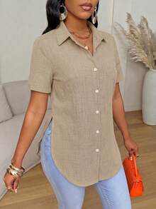Xyvia Women's Solid Color Short Sleeve Single-Breasted Casual Shirt - Apricot - View 4