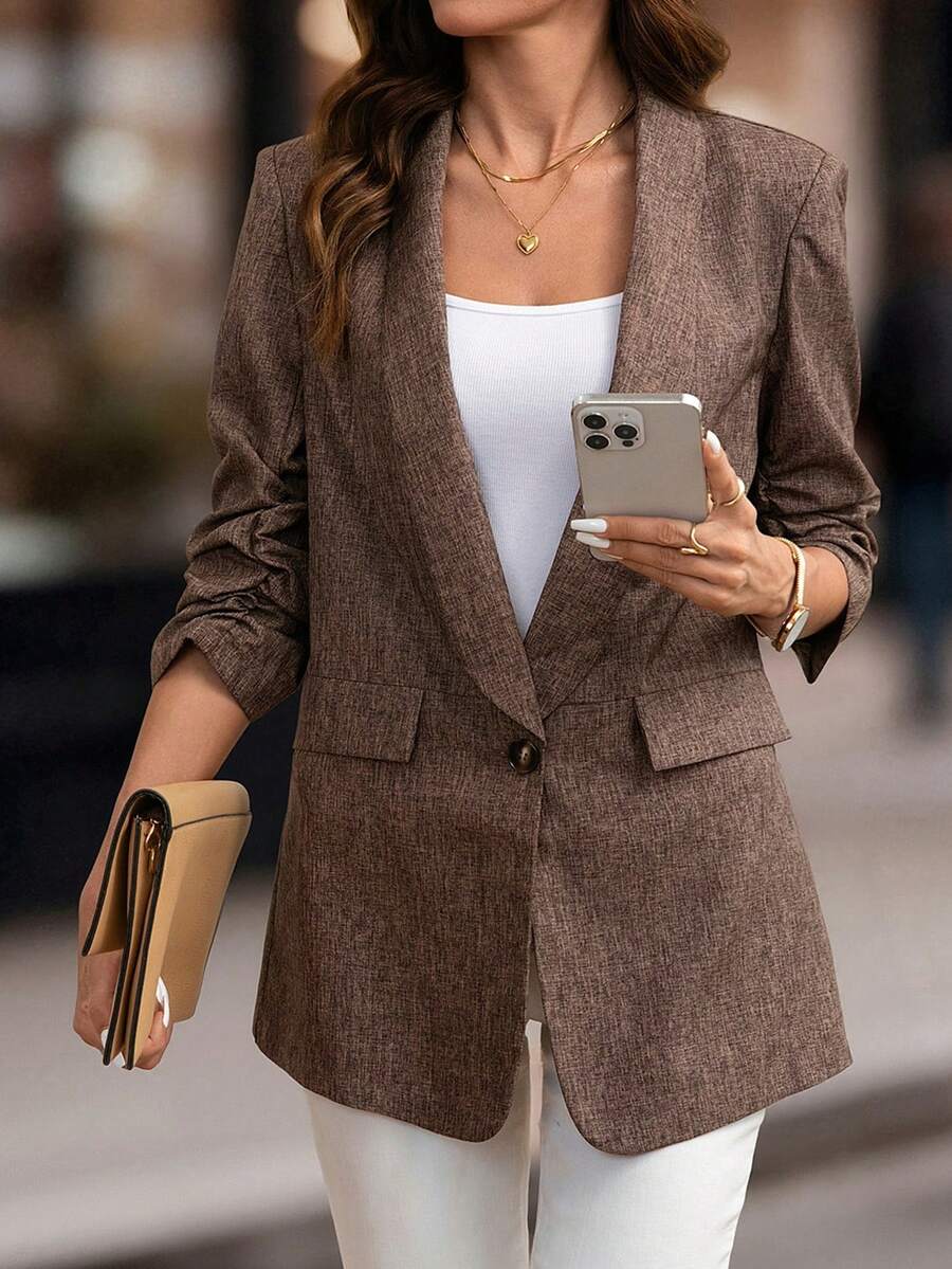 SHEIN Clasi 女款時尚經典卡其色西裝外套,適合春秋日常通勤與秋冬穿搭 - 卡其色 - 查看 1